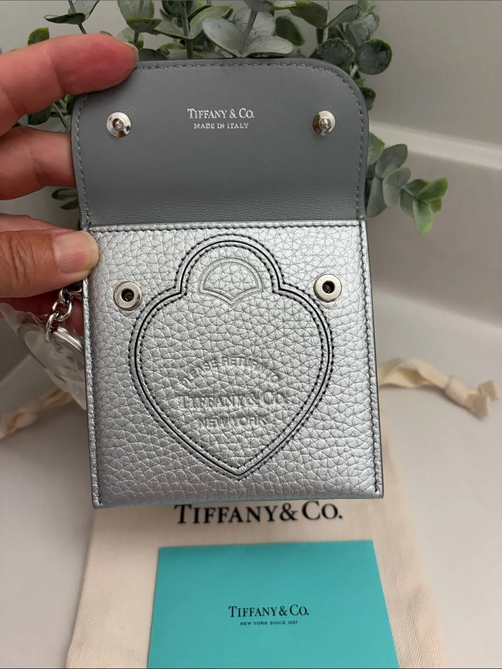 Tiffany & Co. Silver Metallic Pebbled Leather Heart Card Pouch with Keyring
